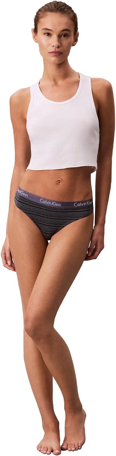 image:imageCalvin Klein Womens Motive Cotton Multipack Thong PantyBlackScorched DenimLeona Stripe and Scorched Denim
