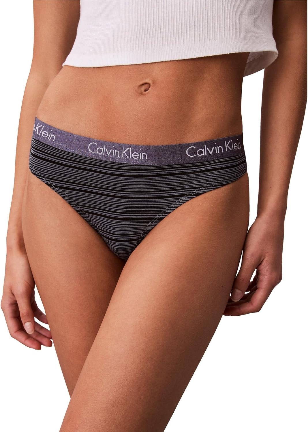 image:imageCalvin Klein Womens Motive Cotton Multipack Thong PantyBlackScorched DenimLeona Stripe and Scorched Denim