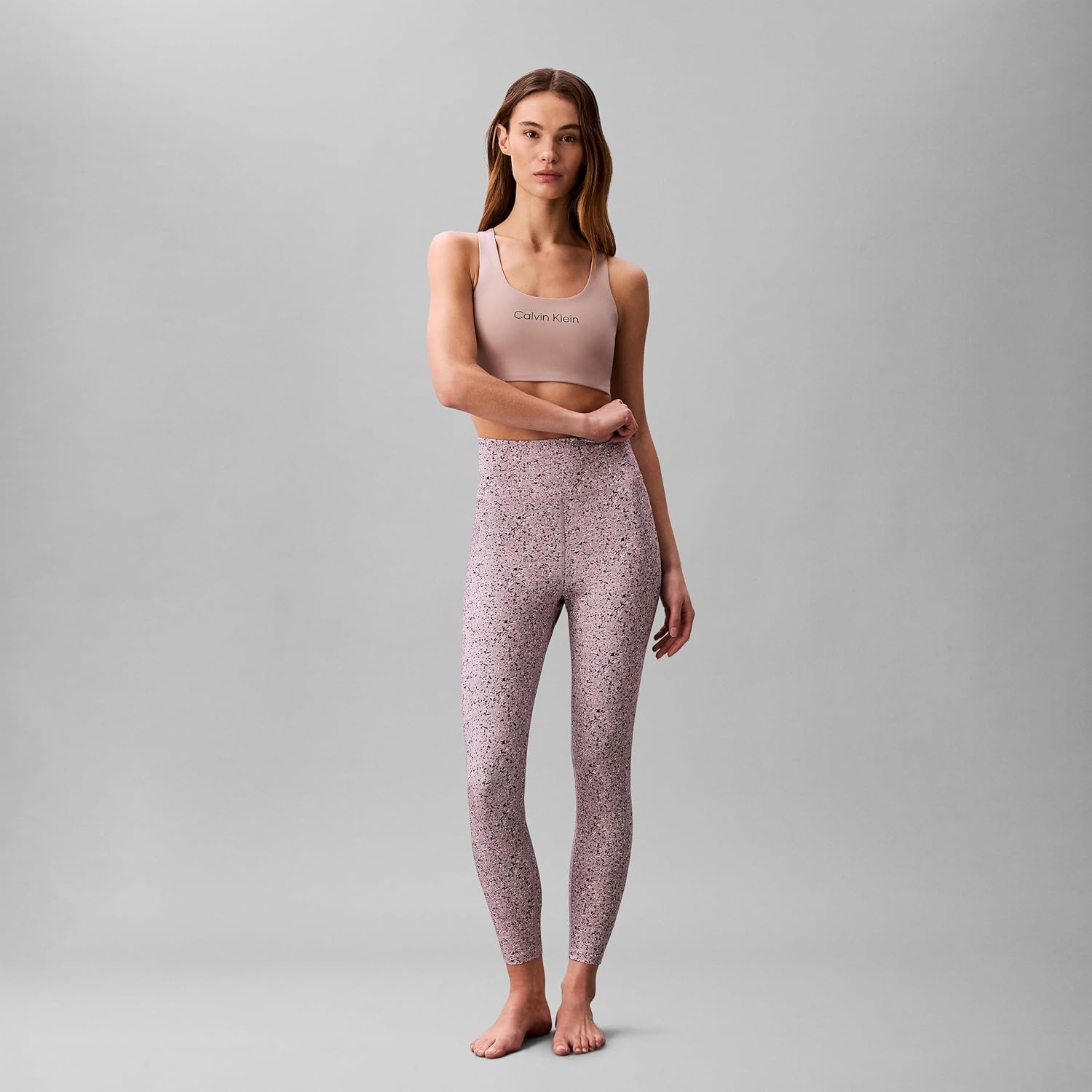 image:imageCalvin Klein Womens Performance Printed Logo High Rise 78 LeggingsSpeckled Dust Print Sea Fog Multi