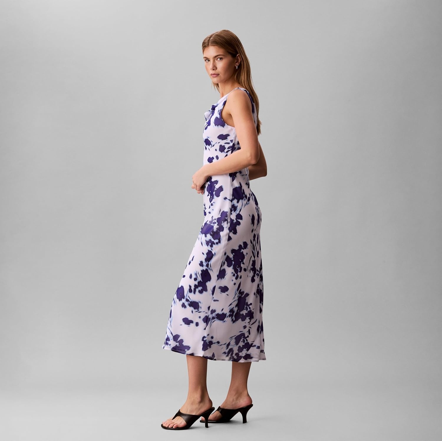 image:imageCalvin Klein Womens Printed Chiffon Cowl Neck Maxi DressBrilliant White Floral Print