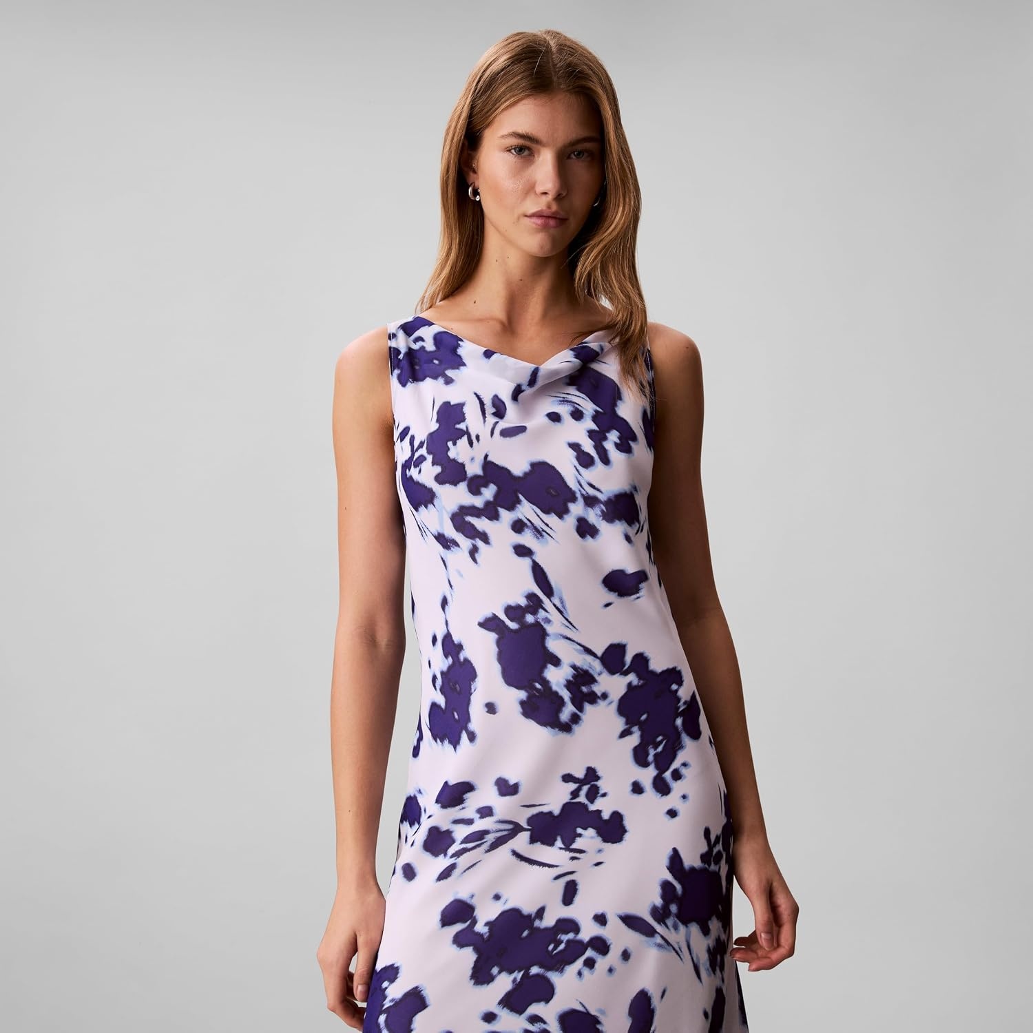 image:imageCalvin Klein Womens Printed Chiffon Cowl Neck Maxi DressBrilliant White Floral Print