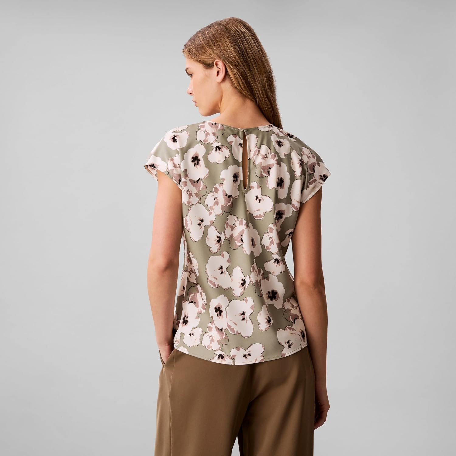 image:imageCalvin Klein Womens Printed Matte Satin Sheath TopShadow Buttercup Floral Print
