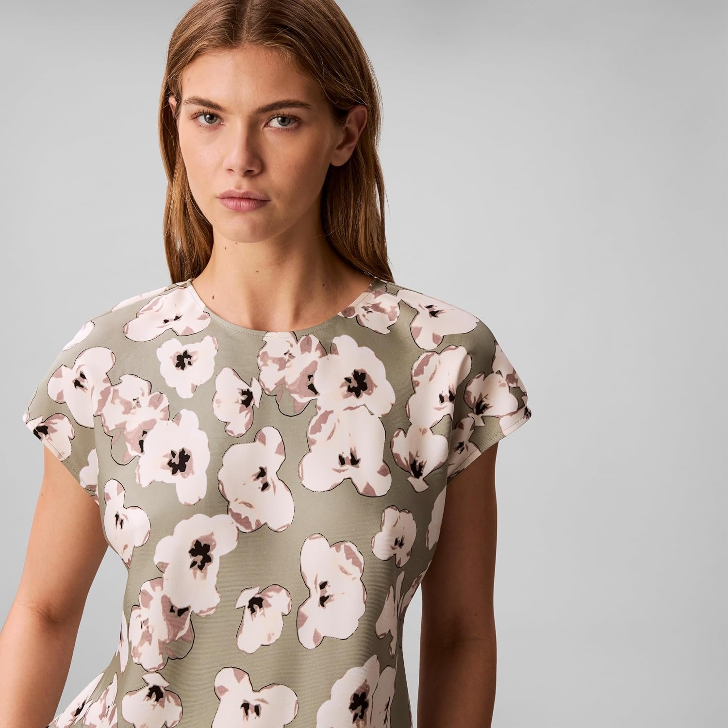 image:imageCalvin Klein Womens Printed Matte Satin Sheath TopShadow Buttercup Floral Print