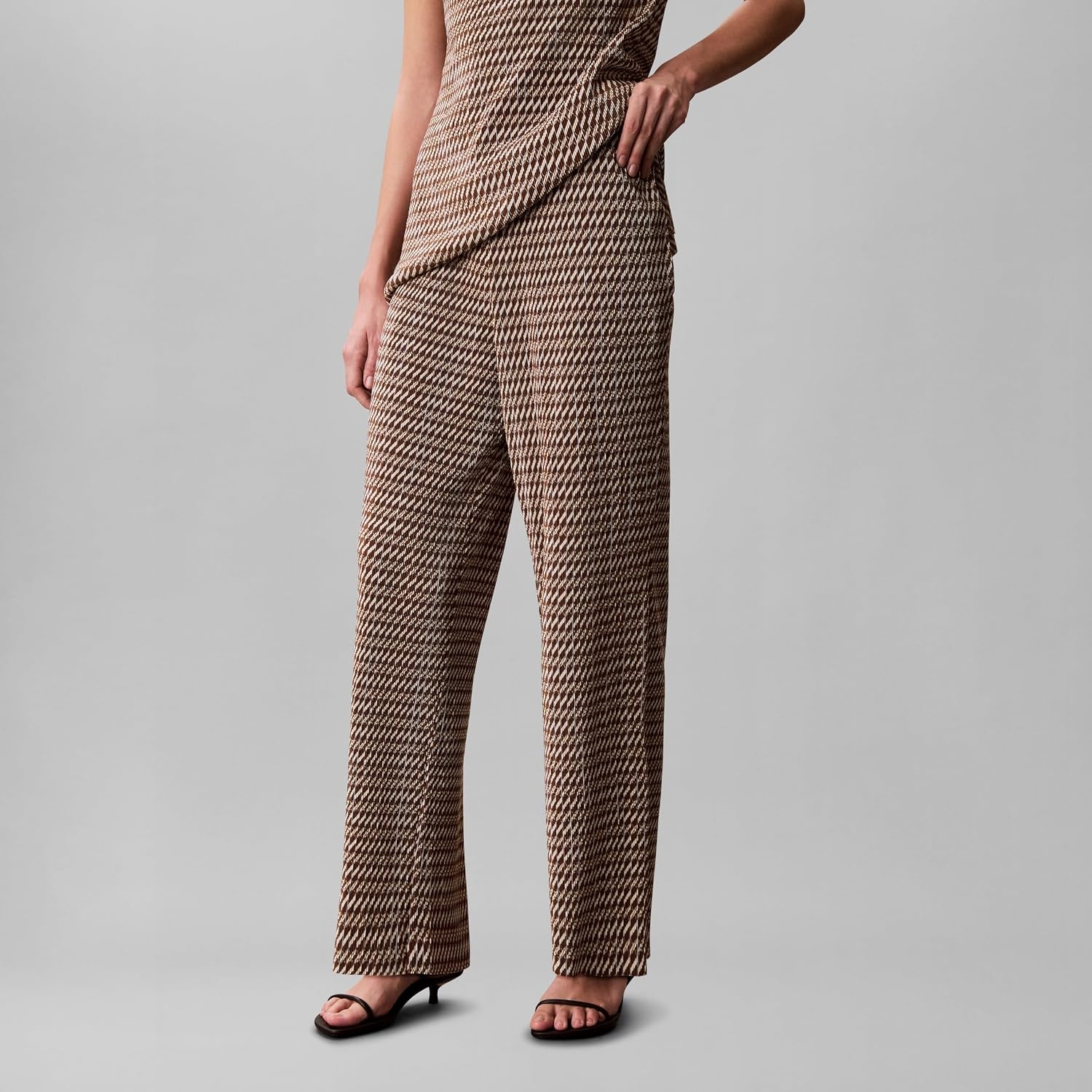 image:imageCalvin Klein Womens Printed Plisse Boat Neck TunicBrown Ladder Print