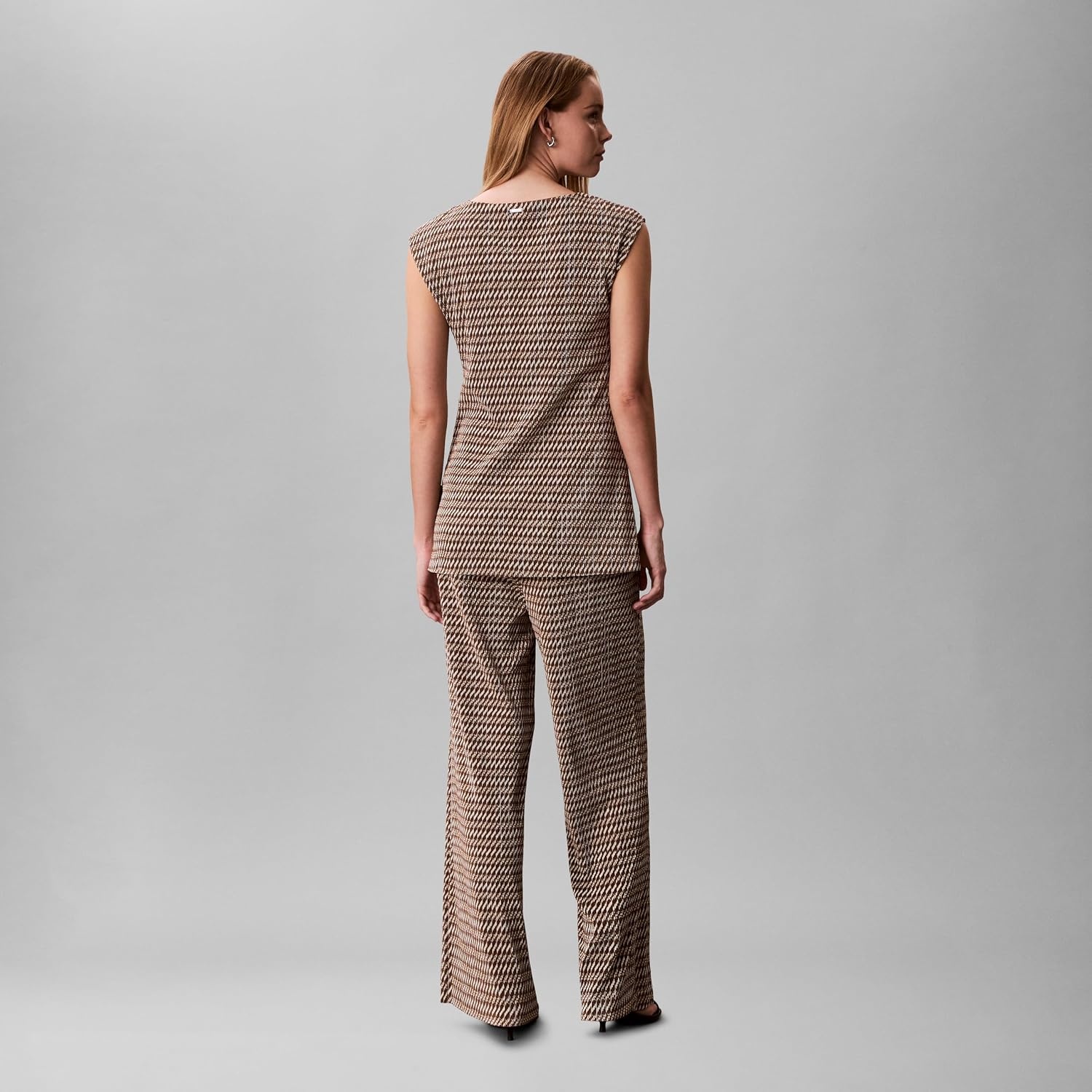 image:imageCalvin Klein Womens Printed Plisse Boat Neck TunicBrown Ladder Print