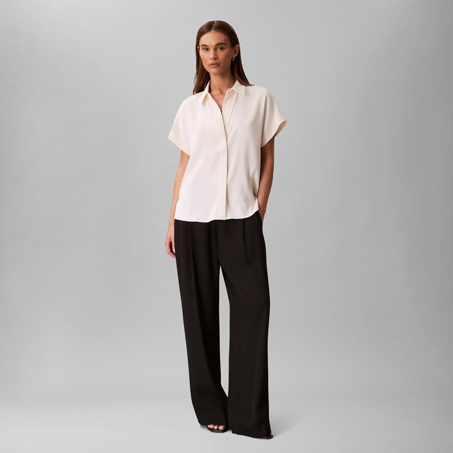 image:imageCalvin Klein Womens Satin Short Sleeve TopAntique White