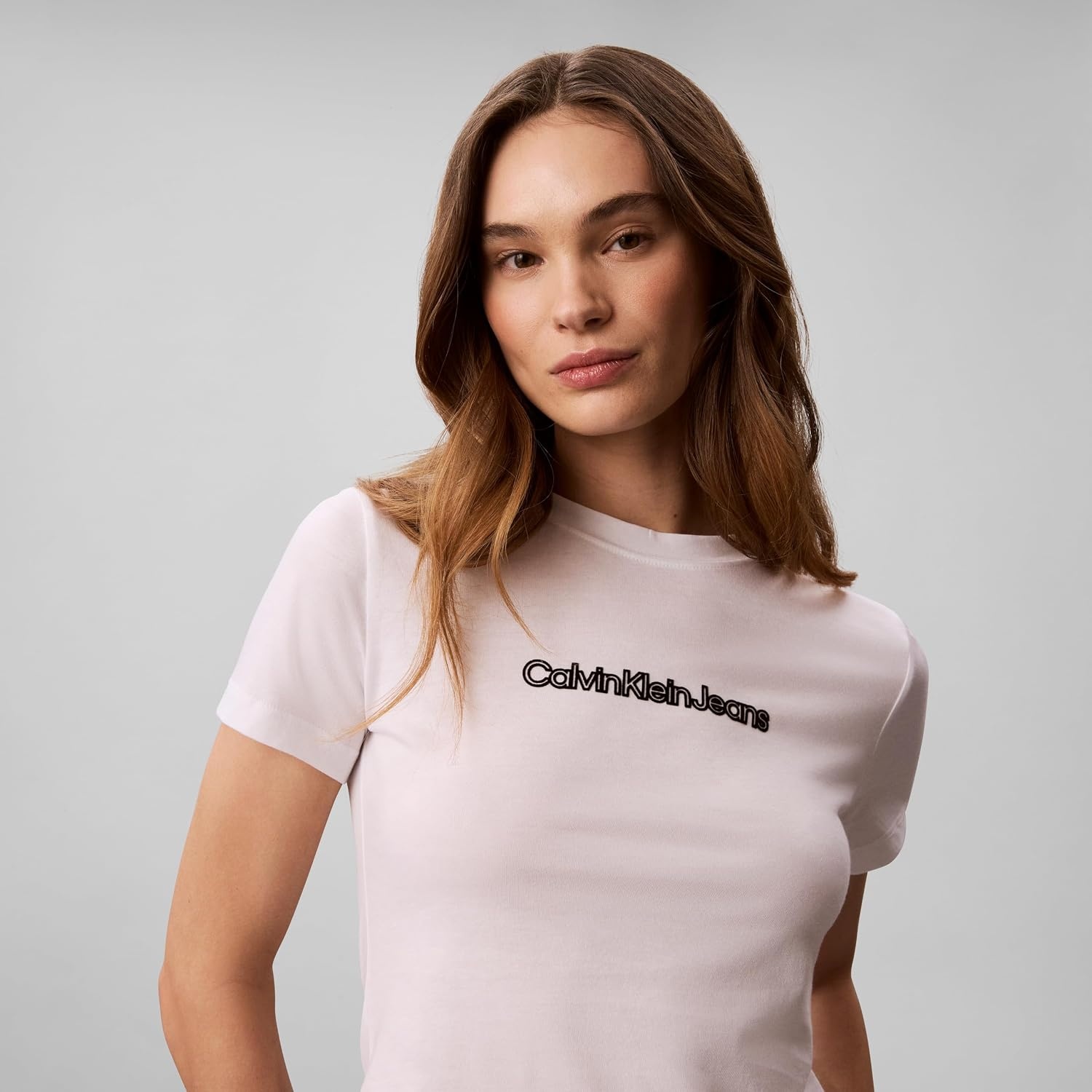 image:imageCalvin Klein Womens Slim Fit Cotton Modal Monogram TeeBright White