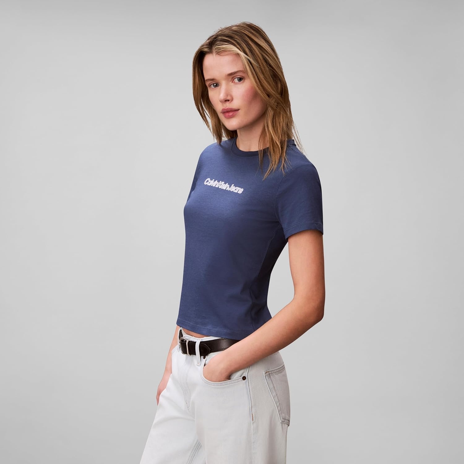 image:imageCalvin Klein Womens Slim Fit Cotton Modal Monogram TeeDark Denim