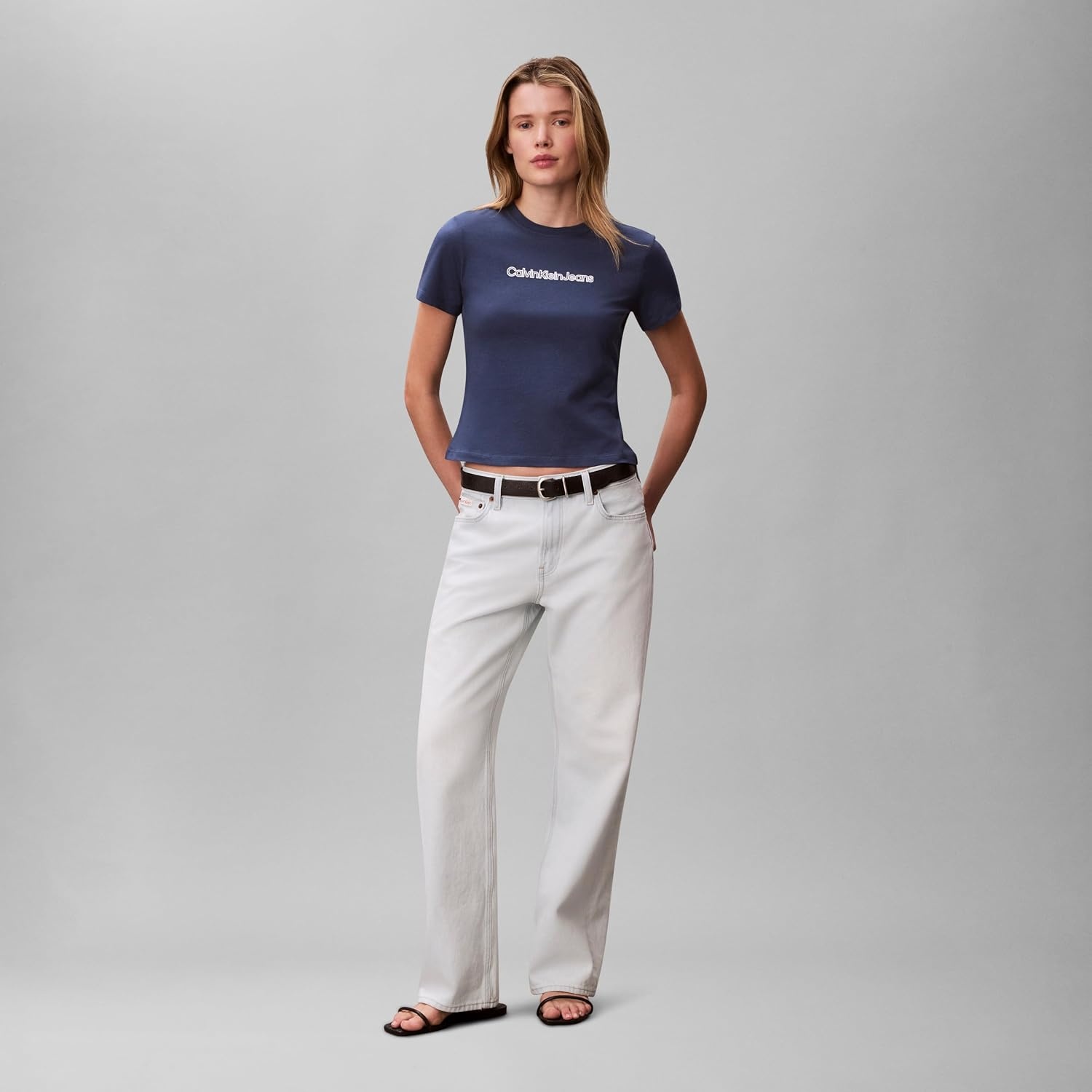 image:imageCalvin Klein Womens Slim Fit Cotton Modal Monogram TeeDark Denim