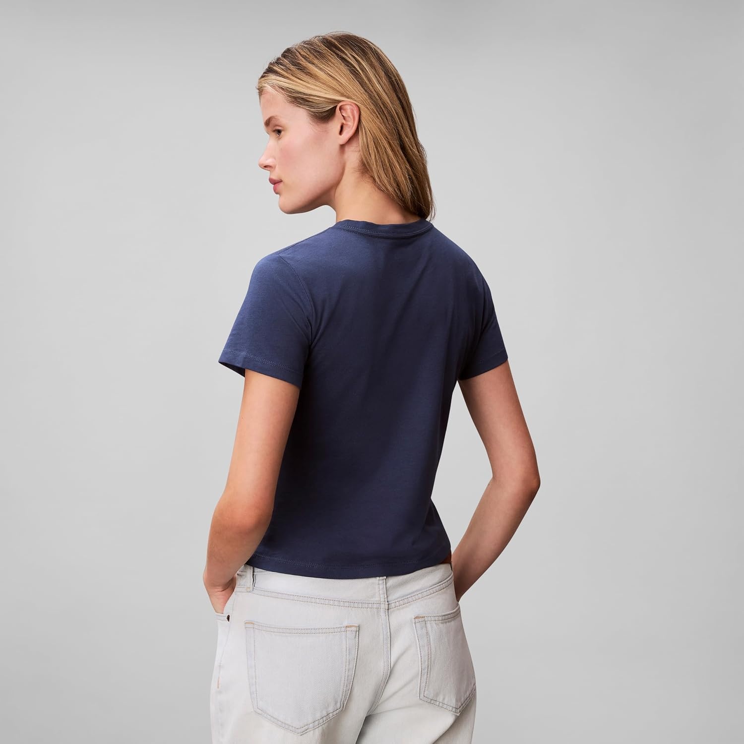 image:imageCalvin Klein Womens Slim Fit Cotton Modal Monogram TeeDark Denim