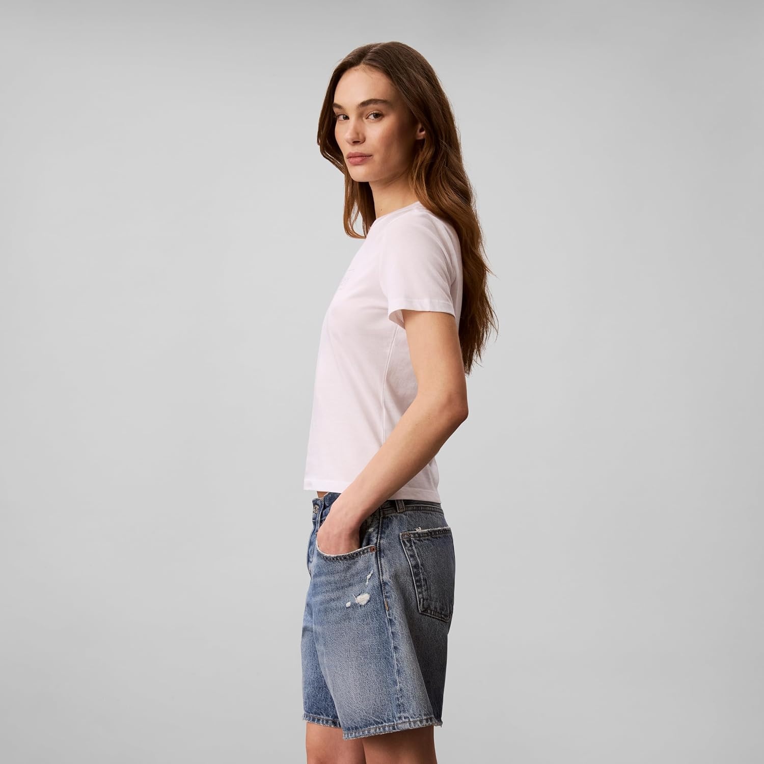 image:imageCalvin Klein Womens Slim Fit Cotton Modal Monogram TeeEmbellished Bright White