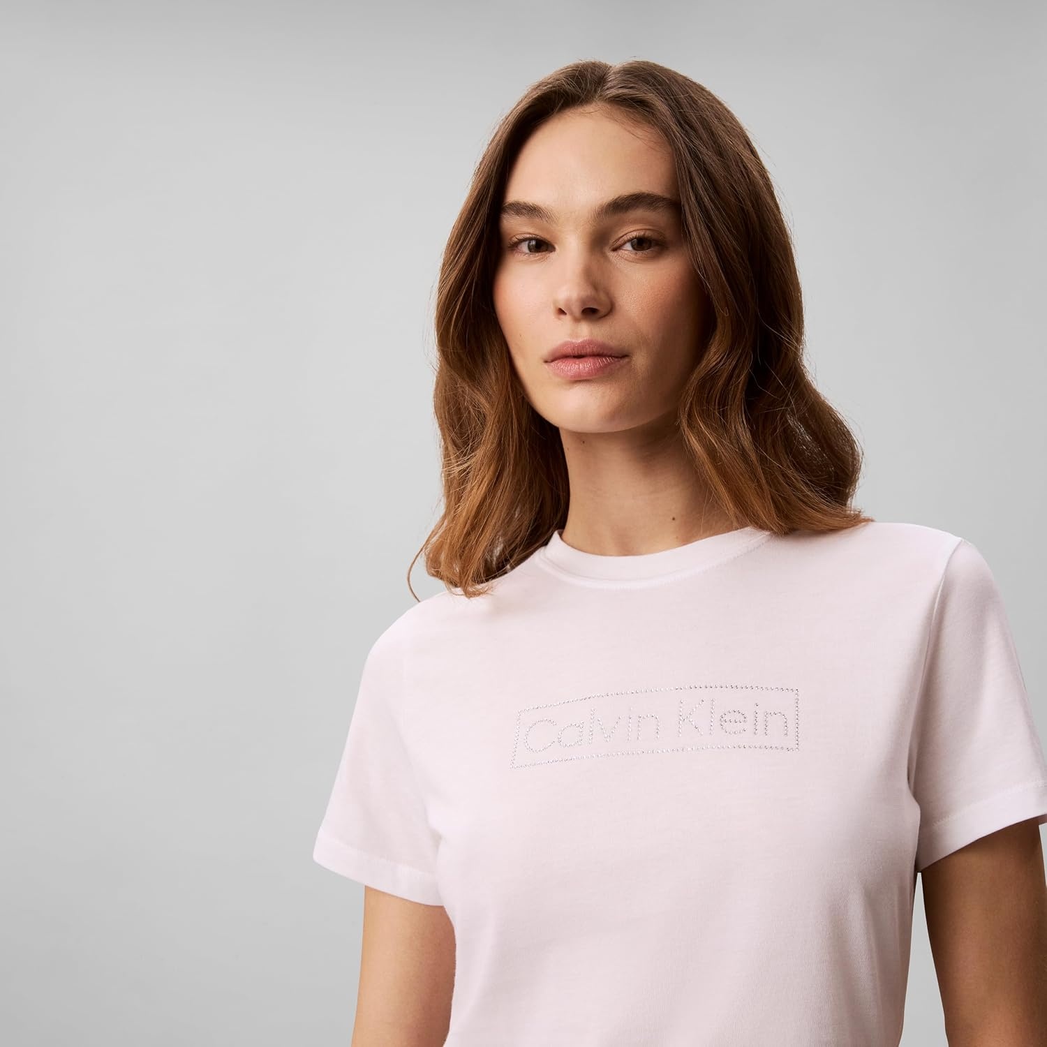 image:imageCalvin Klein Womens Slim Fit Cotton Modal Monogram TeeEmbellished Bright White