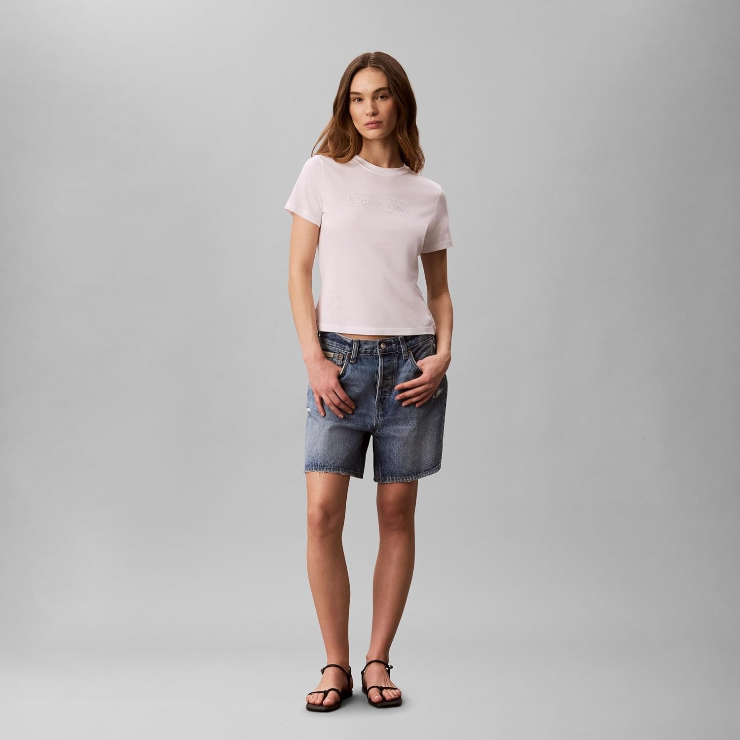 image:imageCalvin Klein Womens Slim Fit Cotton Modal Monogram TeeEmbellished Bright White