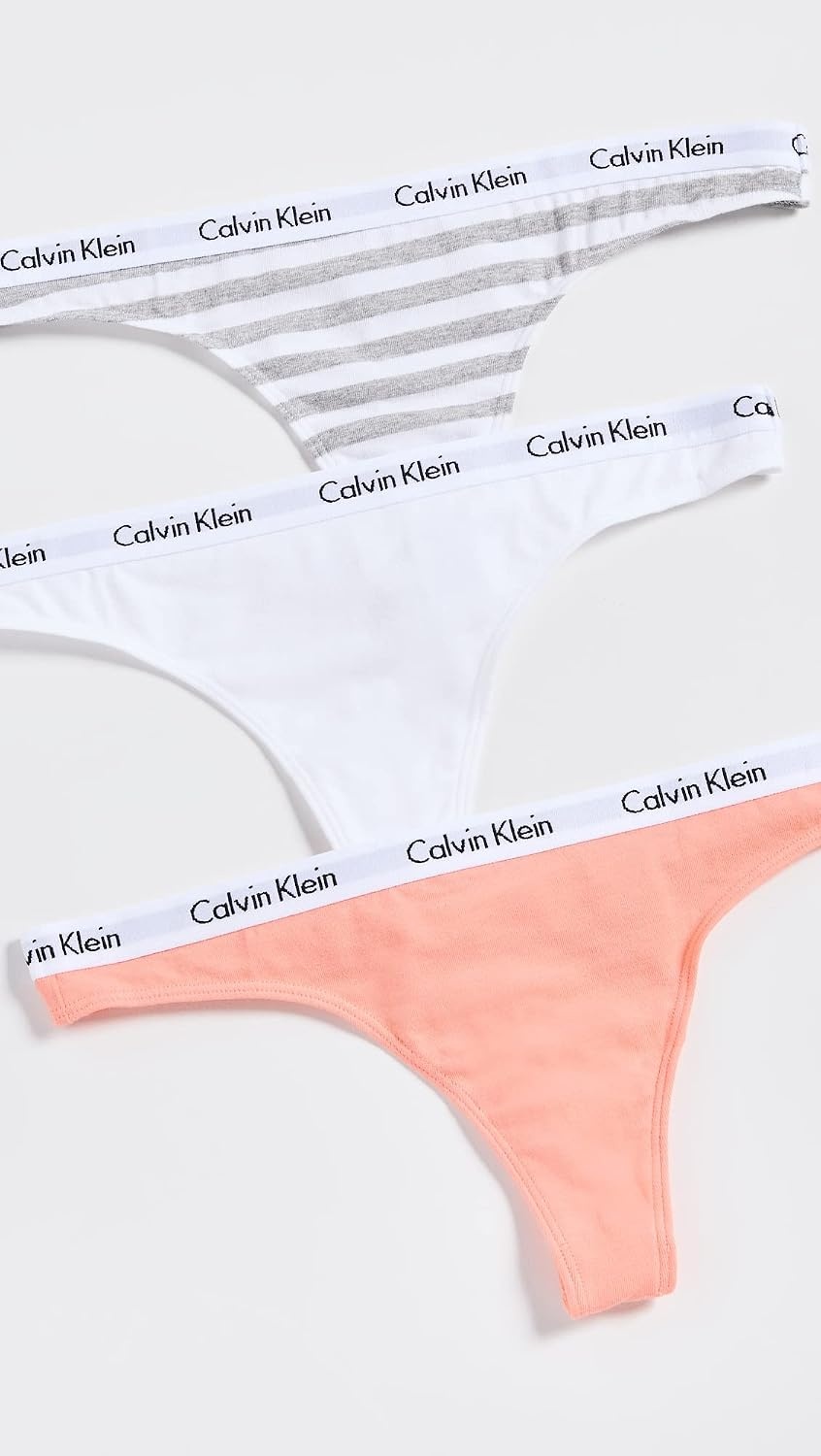 image:imageCalvin Klein womens Carousel Logo Cotton Stretch Thong Panties MultipackMellow OrangeWhiteRainer Stripe Grey Heather