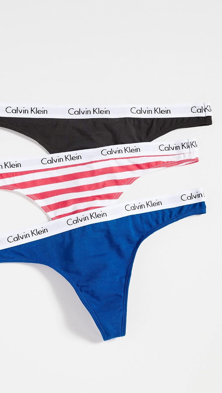 image:imageCalvin Klein womens Carousel Logo Cotton Stretch Thong Panties MultipackRainer Stripe Strawberry ShakeRoyaltyBlack