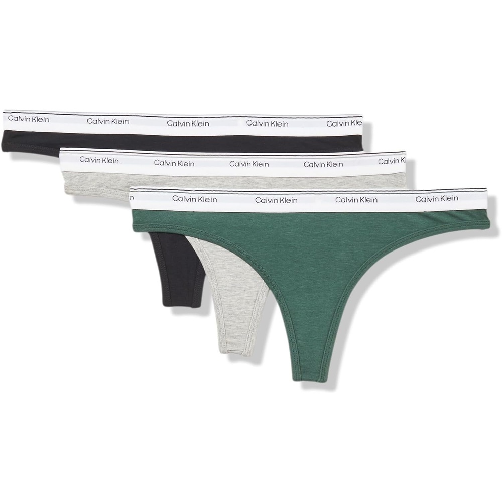 image:imageCalvin Klein Balance Cotton Stretch Thong Panties 3 PackBlack Grey Heather Kells Green