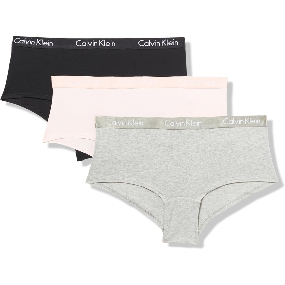 image:imageCalvin Klein Motive Cotton Boyshort Panties 3 PackBlack W White Logo Grey Heather W White Logo Nymphs Thigh W White Logo
