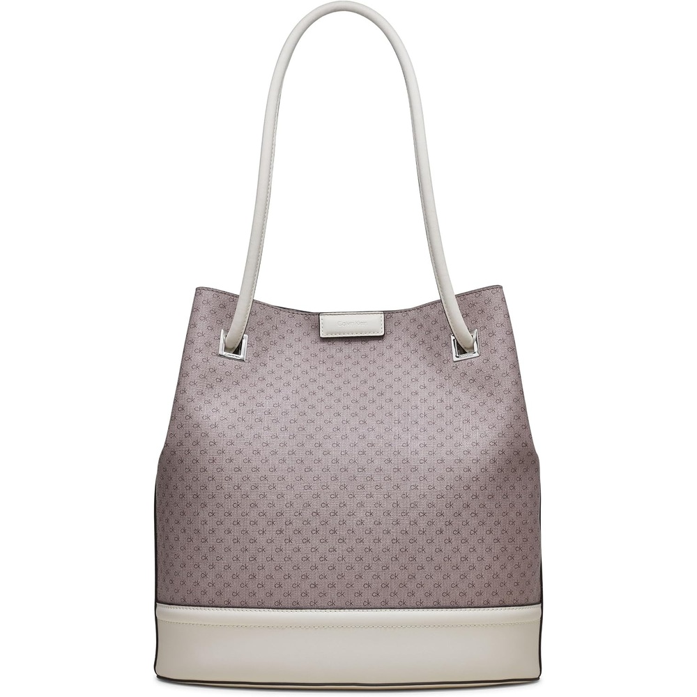image:imageCalvin Klein Womens Ash Tote Bag NorthSouth Vegan Leather 2 PocketsAlmondTaupeCherub White
