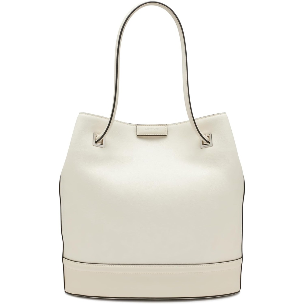 image:imageCalvin Klein Womens Ash Tote Bag NorthSouth Vegan Leather 2 PocketsCherub White