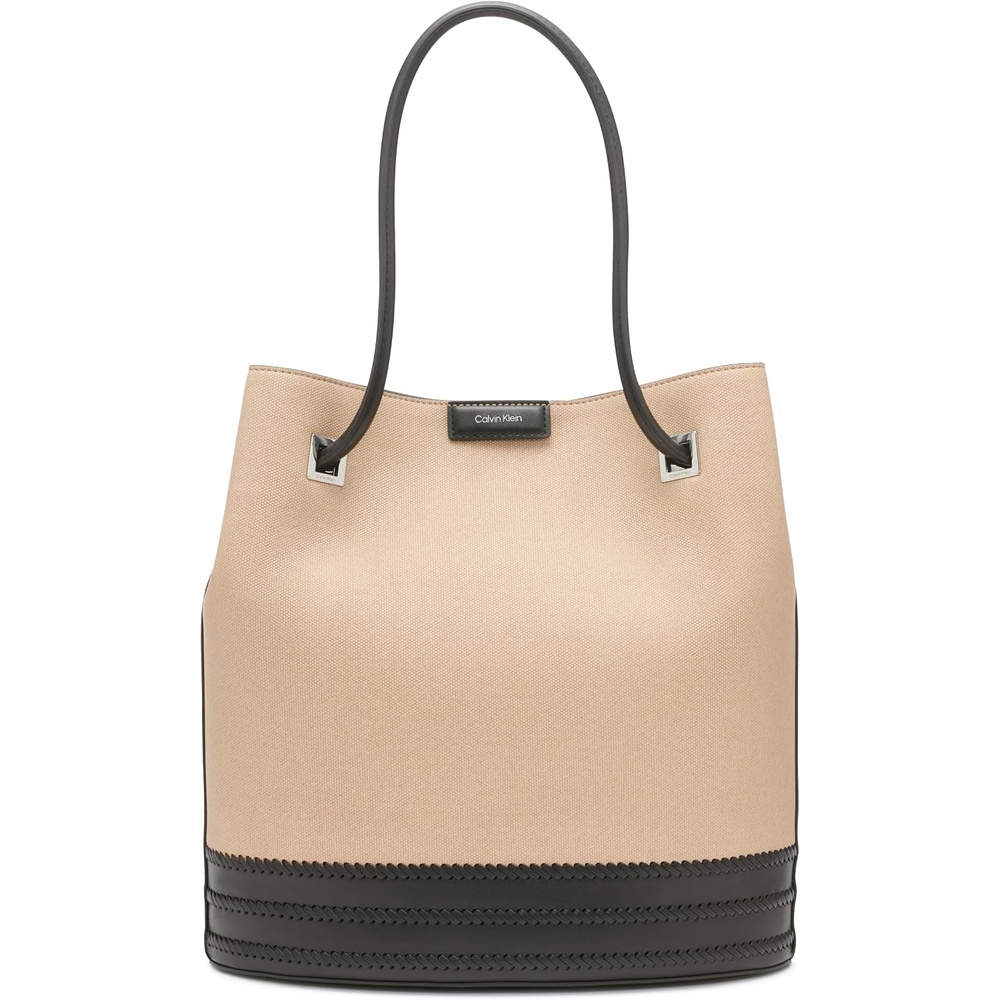 image:imageCalvin Klein Womens Ash Tote Bag  NorthSouth Vegan Leather 2 PocketsNaturalBlack Canvas