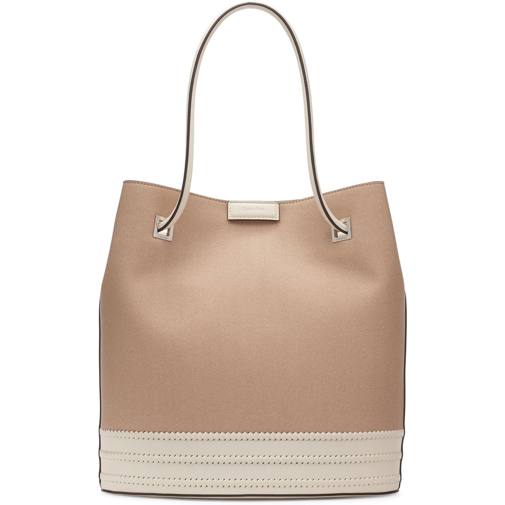 image:imageCalvin Klein Womens Ash Tote Bag  NorthSouth Vegan Leather 2 PocketsNaturalWhite Canvas