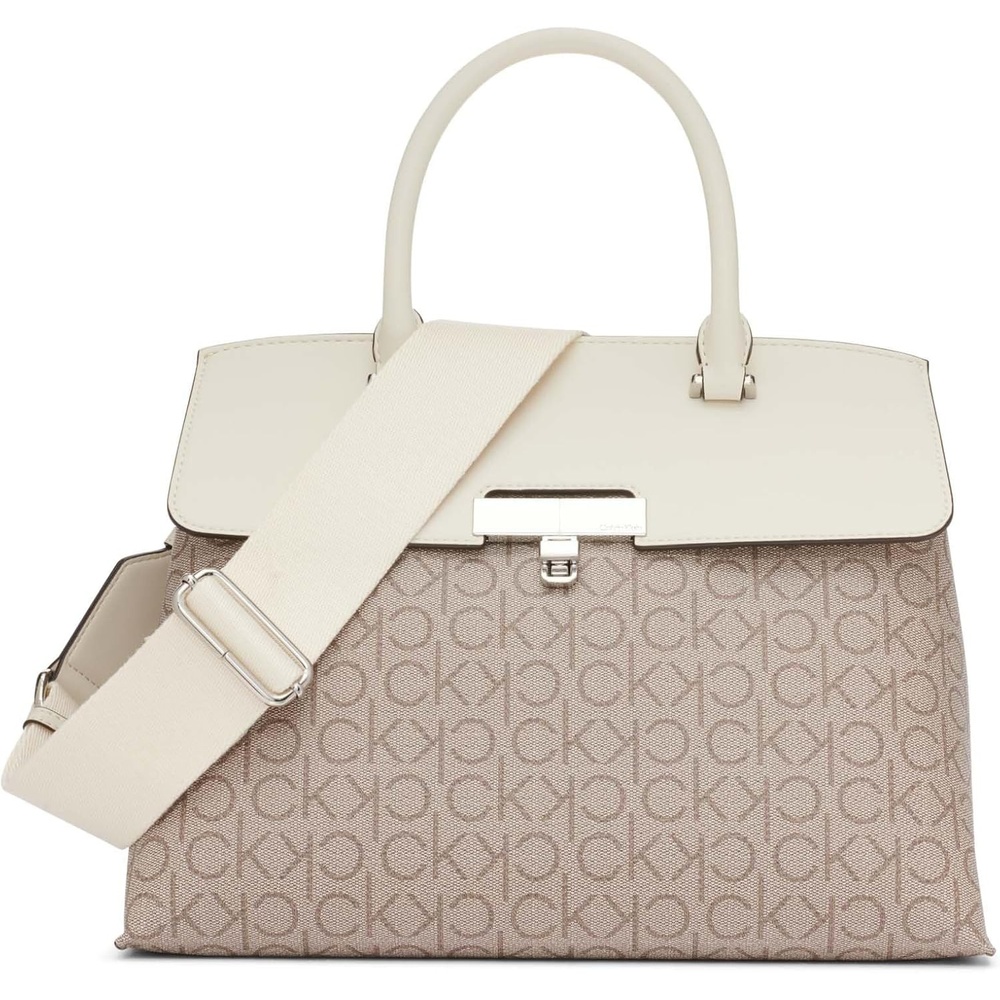 image:imageCalvin Klein Womens Becky Turn Lock Satchel Turn LockAlmondTaupeWhite