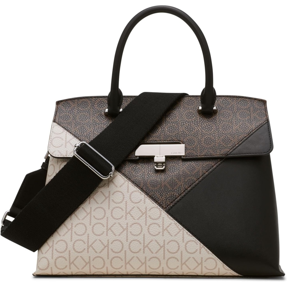 image:imageCalvin Klein Womens Becky Turn Lock Satchel Turn LockBlackBrownKhakiVanillaKhaki