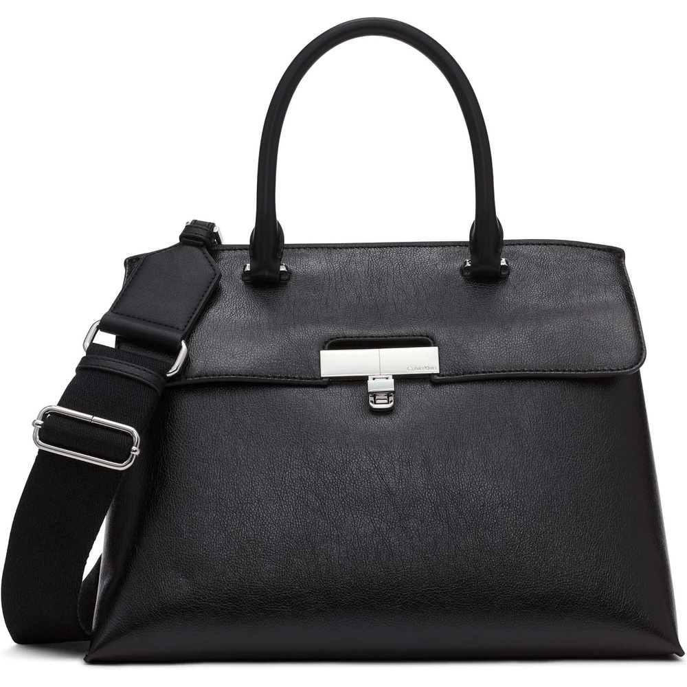 image:imageCalvin Klein Womens Becky Turn Lock Satchel Turn LockBlackSilver Waxed