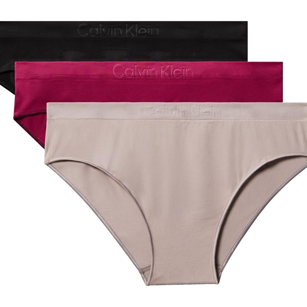 image:imageCalvin Klein Womens Bonded Flex Seamless 3pack Mid Rise BikiniBlackMinkBeet Red