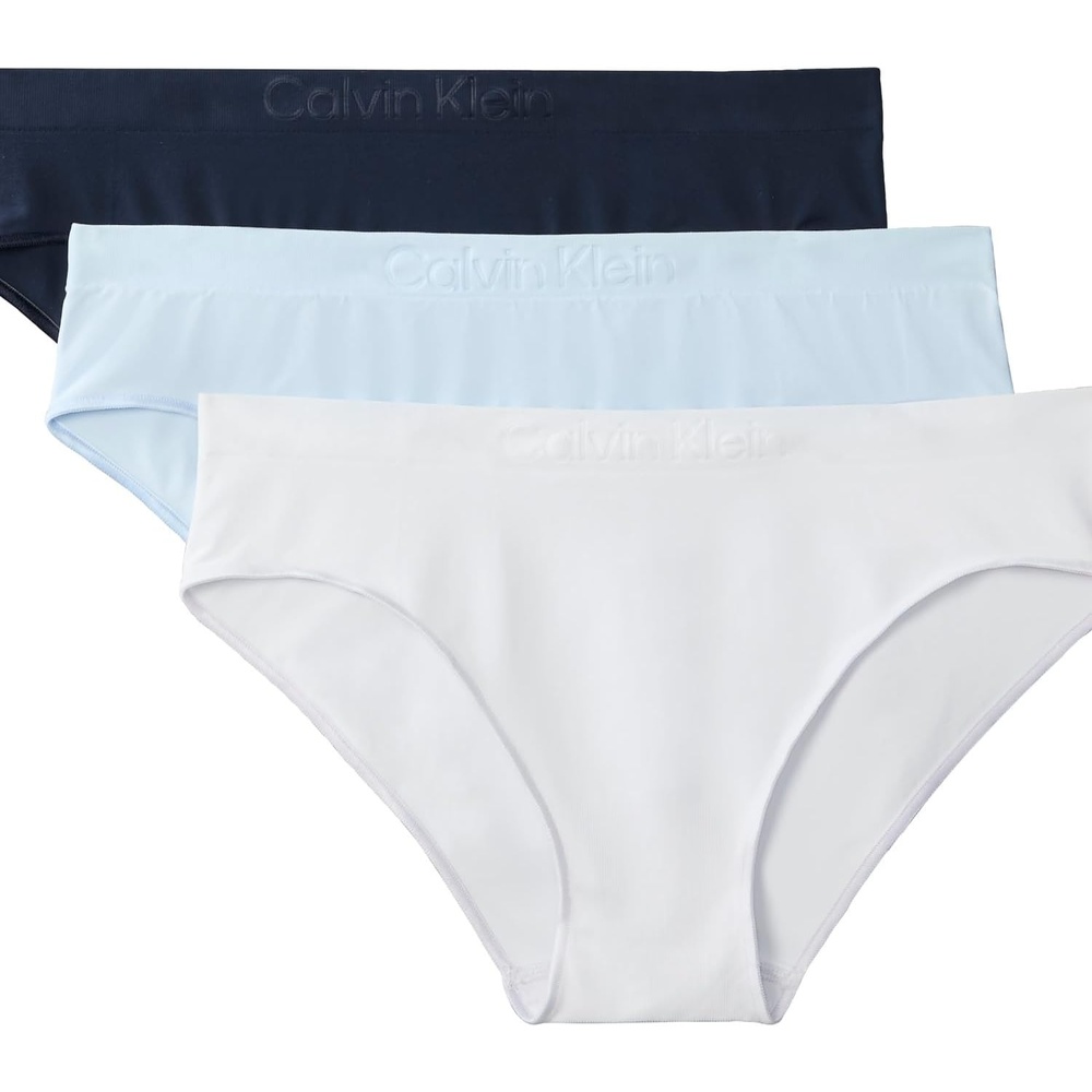 image:imageCalvin Klein Womens Bonded Flex Seamless 3pack Mid Rise BikiniShoreline Breezy Blue Silver Haze