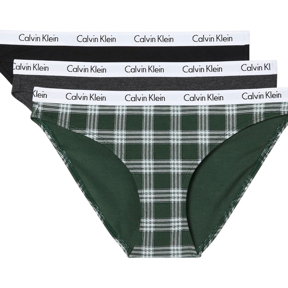 image:imageCalvin Klein Womens Carousel Logo Cotton Stretch Bikini Panties 3 PackBlackCharcoal HeatherDunn Plaid Kelly Green
