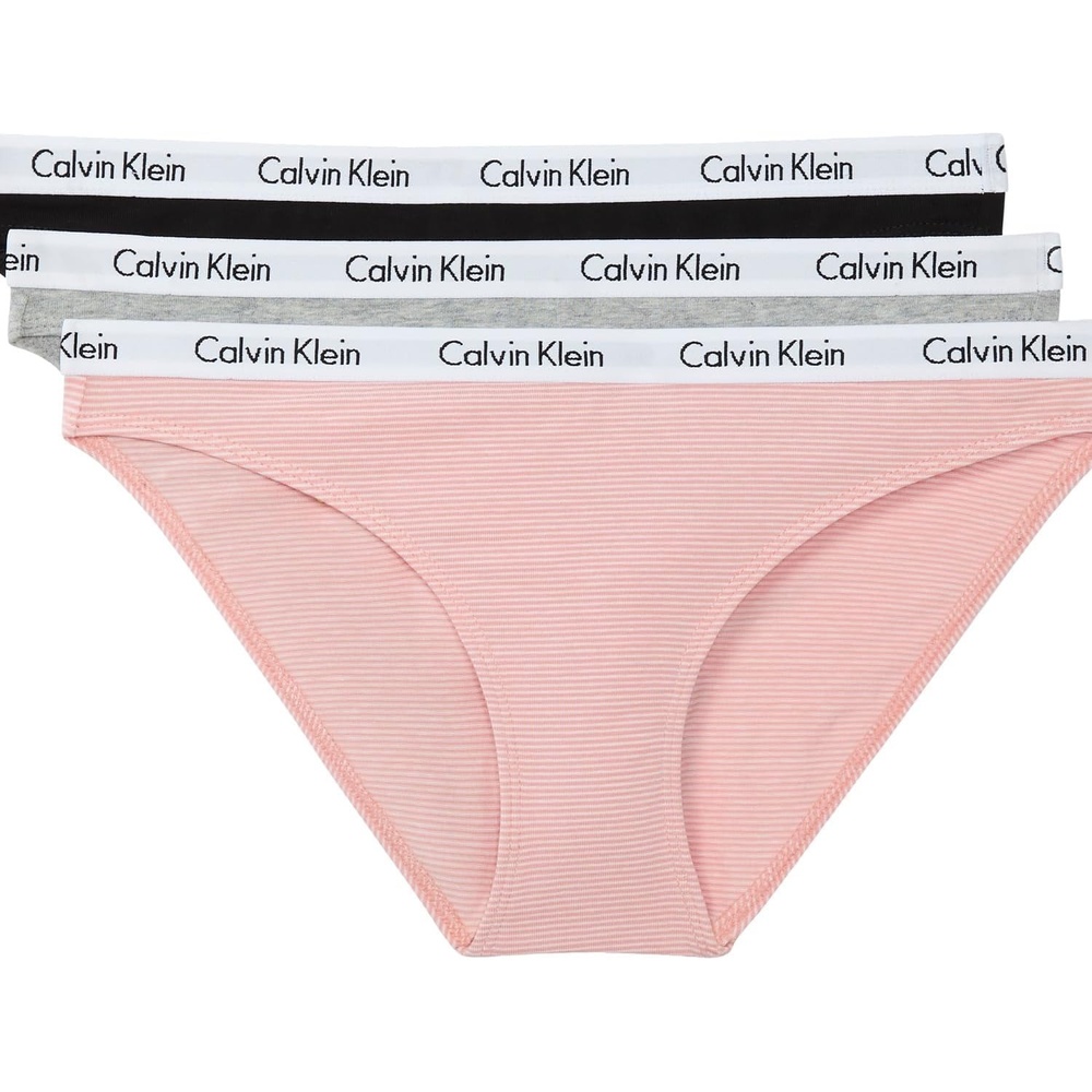 image:imageCalvin Klein Womens Carousel Logo Cotton Stretch Bikini Panties 3 PackBlackGrey HthrFeeder Stripe Coral Almond