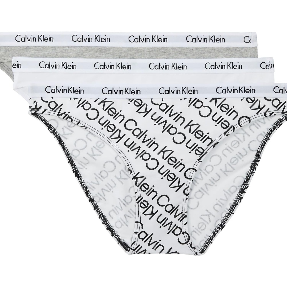 image:imageCalvin Klein Womens Carousel Logo Cotton Stretch Bikini Panties 3 PackGrey HeatherWhiteBold Track Logo Black