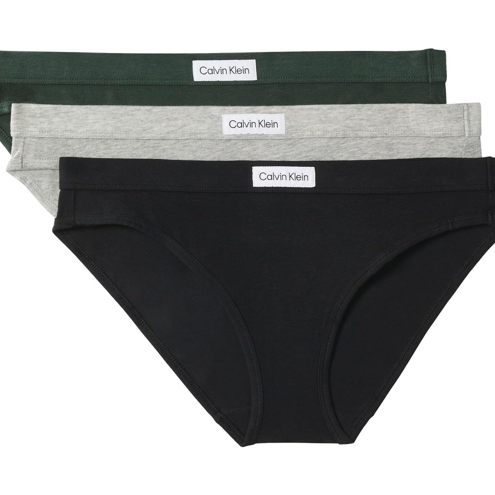 image:imageCalvin Klein Womens Comfort Logo Cotton Stretch Bikini Panties 3 PackBlackGrey HeatherDeep Forest