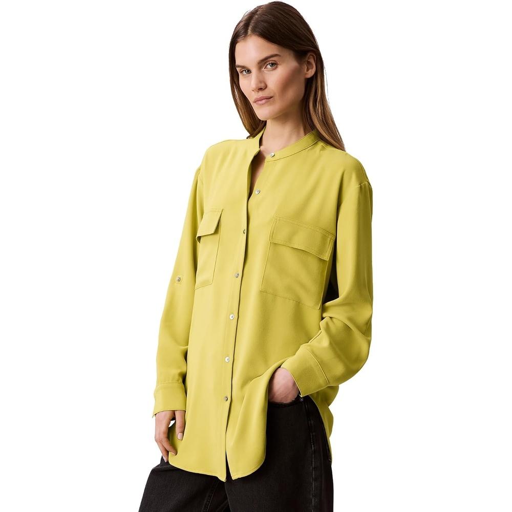 image:imageCalvin Klein Womens Crepe Relaxed ButtonDown ShirtWarm Olive