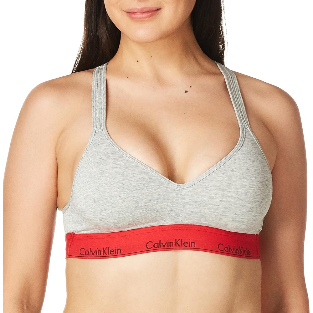 image:imageCalvin Klein Womens Modern Cotton Lightly Lined Wireless BraletteGrey Heather With Red Waistband