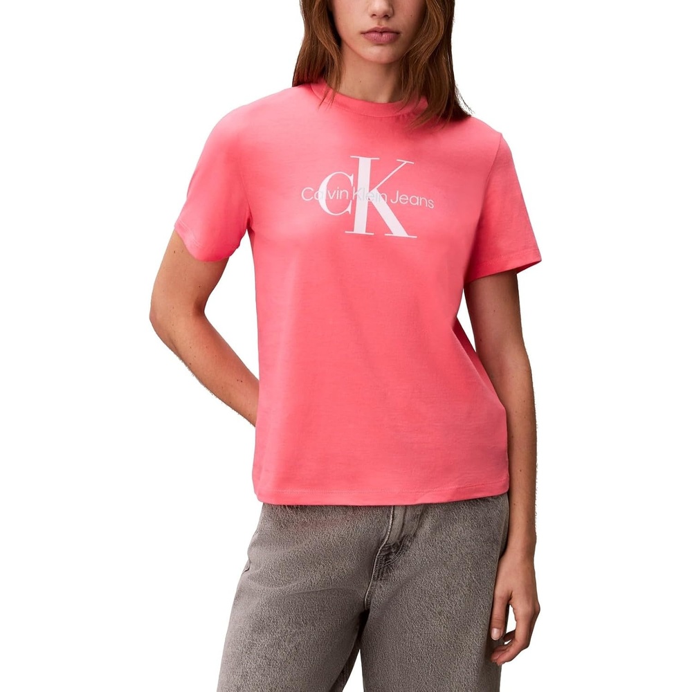 image:imageCalvin Klein Womens Monogram Logo Crewneck TShirtCoral Paradise