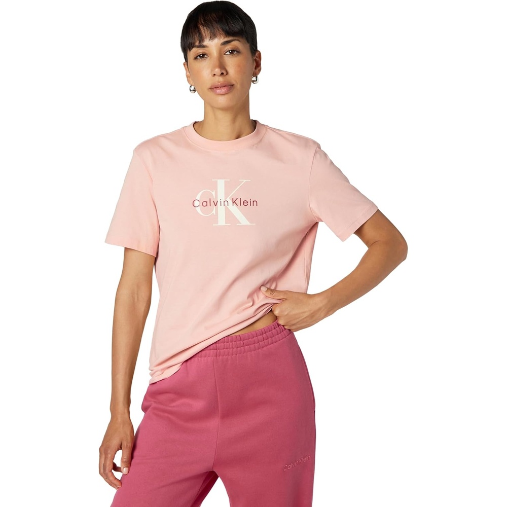image:imageCalvin Klein Womens Monogram Logo Crewneck TShirtPink Sand
