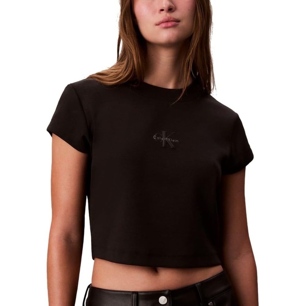 image:imageCalvin Klein Womens Monogram Logo Ribbed Baby TeeBlack