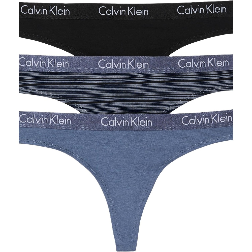 image:imageCalvin Klein Womens Motive Cotton Multipack Thong PantyBlackScorched DenimLeona Stripe and Scorched Denim