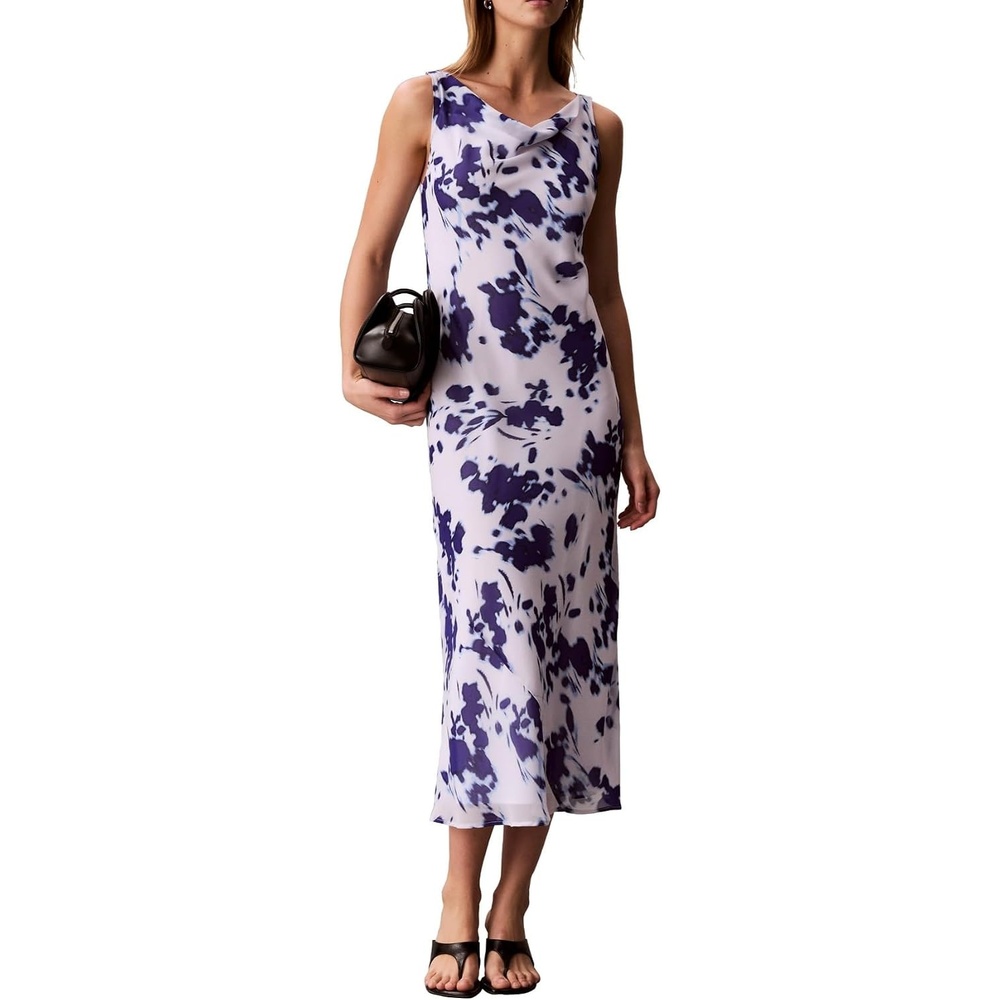 image:imageCalvin Klein Womens Printed Chiffon Cowl Neck Maxi DressBrilliant White Floral Print
