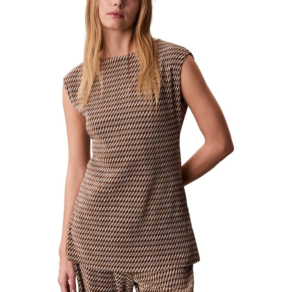 image:imageCalvin Klein Womens Printed Plisse Boat Neck TunicBrown Ladder Print