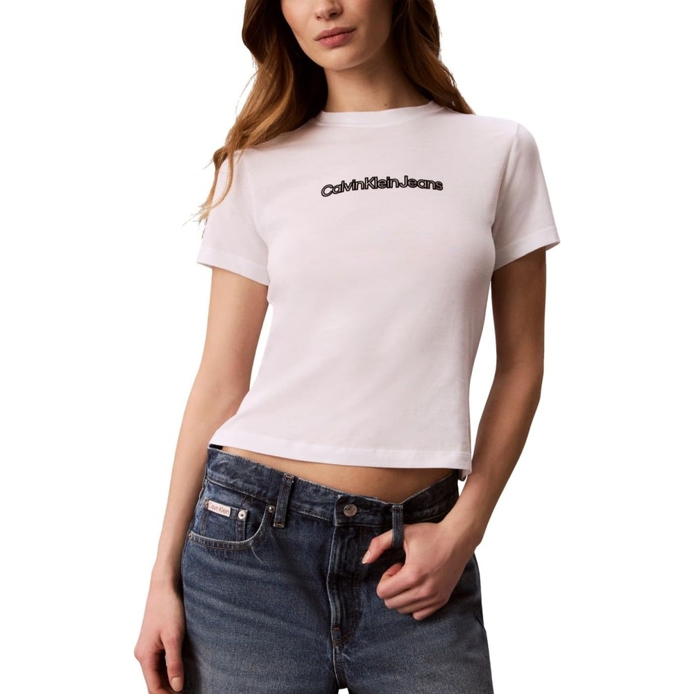 image:imageCalvin Klein Womens Slim Fit Cotton Modal Monogram TeeBright White