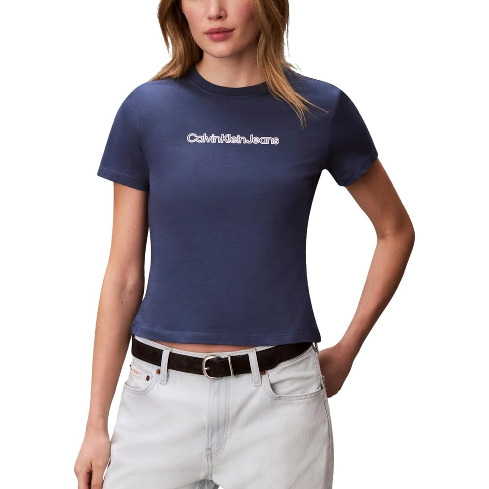 image:imageCalvin Klein Womens Slim Fit Cotton Modal Monogram TeeDark Denim