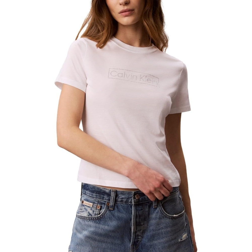 image:imageCalvin Klein Womens Slim Fit Cotton Modal Monogram TeeEmbellished Bright White