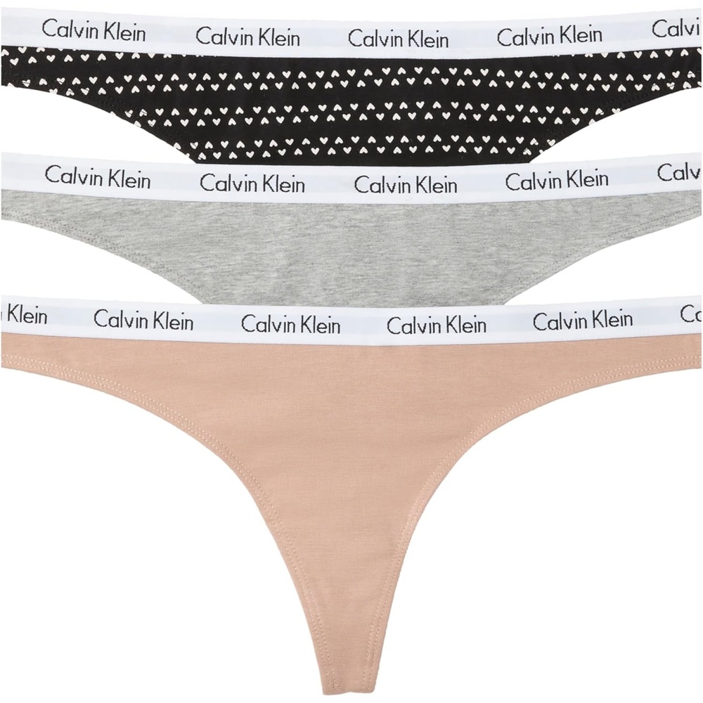 image:imageCalvin Klein womens Carousel Logo Cotton Stretch Thong Panties MultipackCedarGrey HeatherBlack With Heart Stripes
