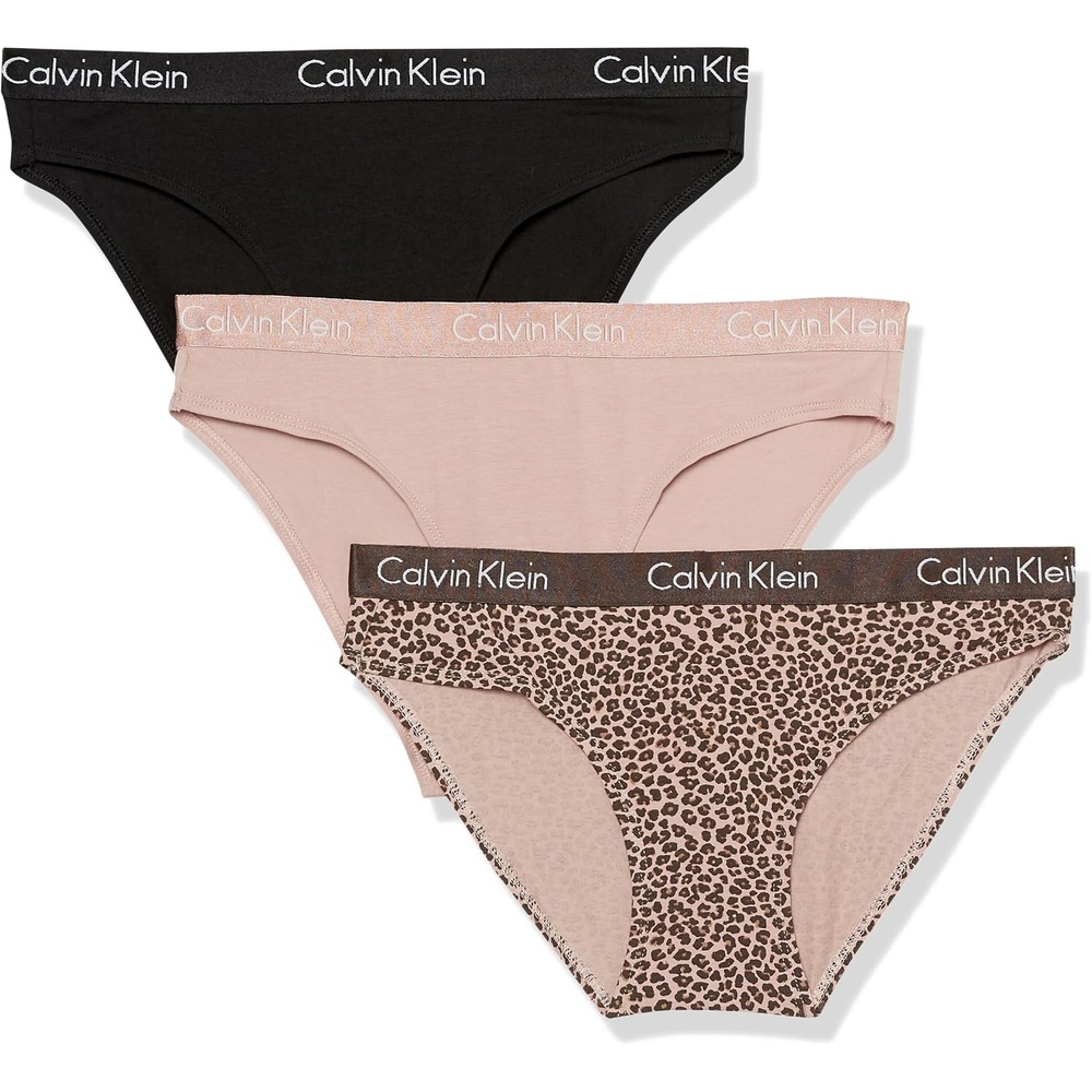 image:imageCalvin Klein womens Motive Cotton Multipack Bikini Panty 3 PackBlackCedarMini Cheetah Oxford Tan