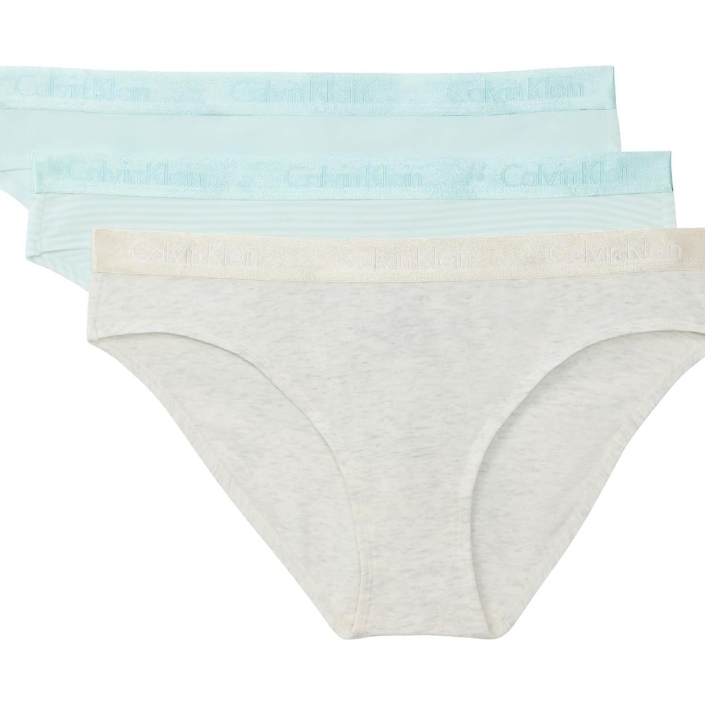 image:imageCalvin Klein womens Motive Cotton Multipack Bikini Panty 3 PackBlue GlassSnow HeatherMarching Stripe Blue Glass