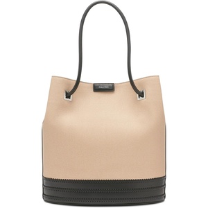 Calvin Klein Women’s Ash Tote Bag – North/South, Vegan Leather, 2 Pockets(Natural/Black Canvas)