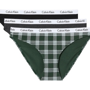 Calvin Klein Women’s Carousel Logo Cotton Stretch Bikini Panties, 3 Pack(Black/Charcoal Heather/Dunn Plaid Kelly Green)